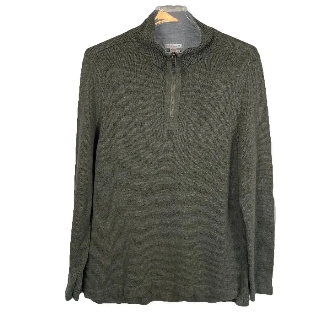 Carbon 2 Cobalt 1/4 Zip Sweater Mens Large Olive Rib Knit Textured Preppy Casual